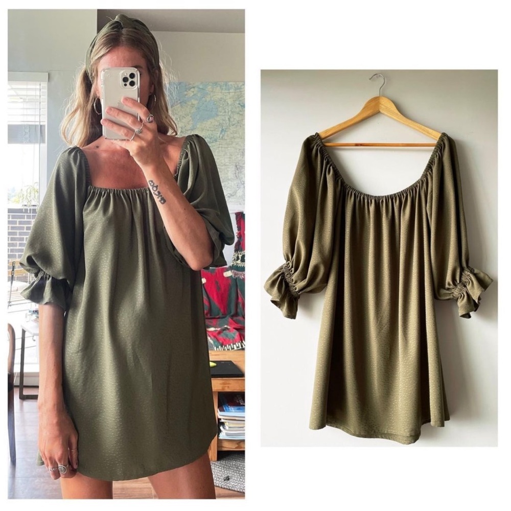Handmade Olive Green Square Neckline Tunic Babydoll Dress